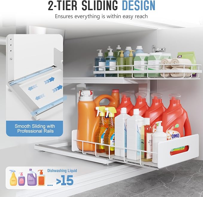 Under Sink Organizer Upgrade To Professional Rails,2-Tier Dual Pull Out Cabinet Storage,Height Adjustable Slide Out Drawers For Bathroom Kitchen,2 Pack-18.5"Dx12.8"-16.9"H,White