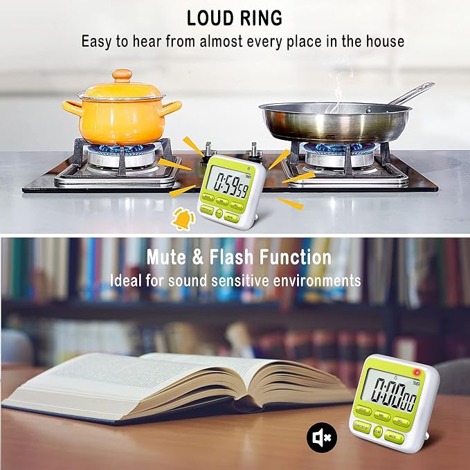 4-in-1 Digital Timer with Count Up/Down, Clock & Alarm, Ring & Silent Modes | Large 2.8-Inch easy-read LCD, On/Off switch, 24-Hour count up/down, Fast-forward function, Magnetic back, stand, hanging hole