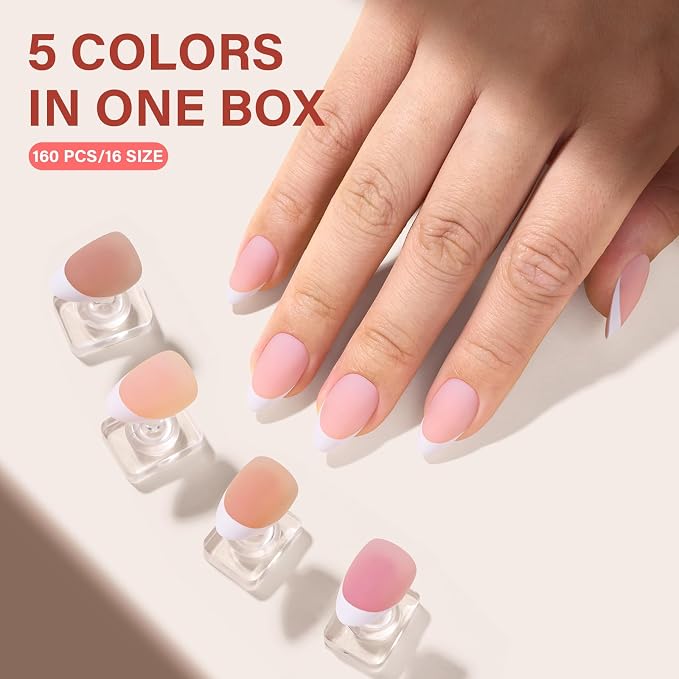 AILLSA French Tip Nails Press On Nails 5 Colors For Nail Art DIY Extension | French Tip Press On Nails Short Almon No Need to File 3 in 1 Acrylic False Nails Gifts For Women 15 Sizes 150 Pcs