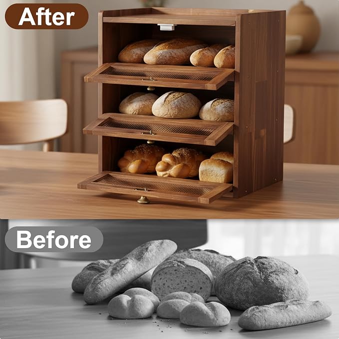 3 Layer Wooden Bread Box with Acrylic Window, Large Capacity | Vintage Kitchen Countertop Food Organizer; Pantry Shelf with Magnetic Door and Rear Ventilation; Housewarming Gift