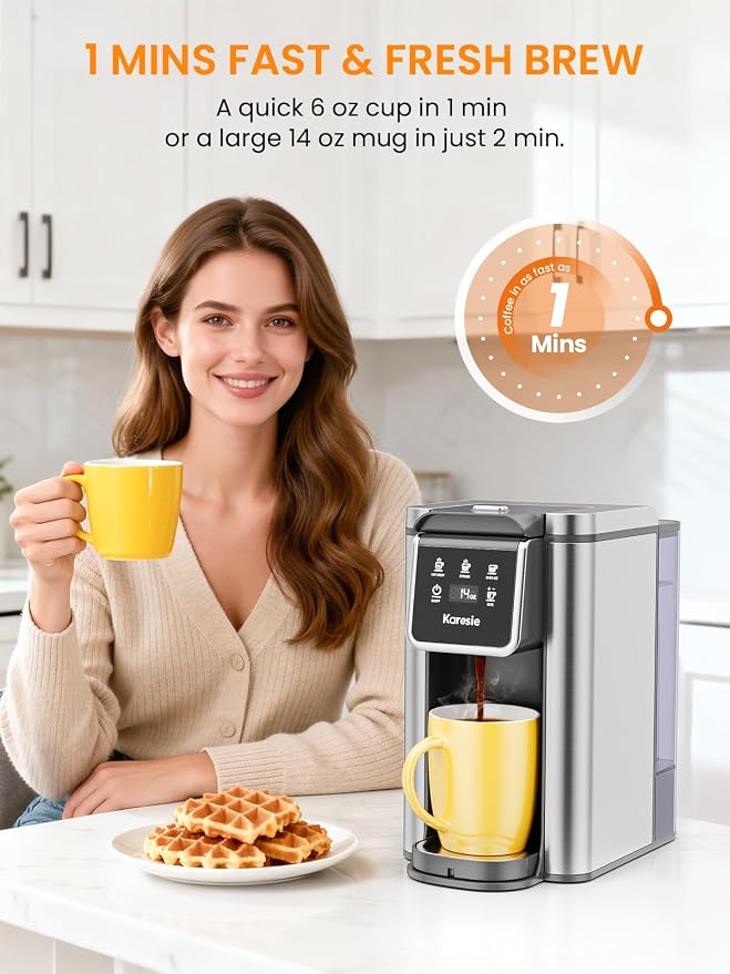 Hot & Iced Single Serve Coffee Maker for Pods & Ground, 50 Oz Removable Water Tank, 6-14 Oz Brew Sizes, One Cup Coffee Maker with Reusable Filter, Strong Brew, Stainless Steel, Black
