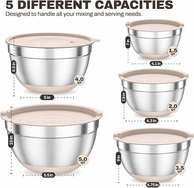 Four Flowers Heavy-Duty Mixing Bowls Set with airtight lids – 11 PCS Stainless Steel Nesting Kitchen Bowls, Mixing Bowls with Non-Slip Bottoms and Grater Attachment, Best for Mixing and Serving