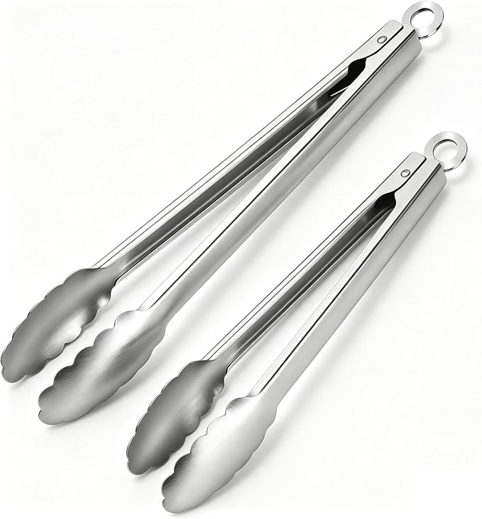 Stainless Steel Cooking Tong Set - 12" & 9" Locking Kitchen Tongs | Heat Resistant to 600 Degrees, Food Grade Kitchen Metal Tong for Food, Salad, & BBQ - Dishwasher Safe