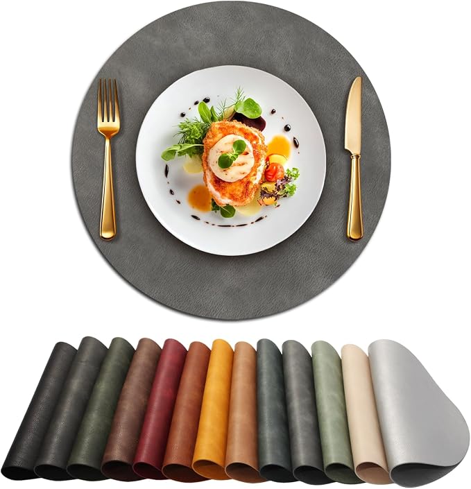 UnivoColors Placemats Round Faux Leather Placemats Set of 4-Waterproof-Wipe Clean-Heat Resistant-Anti Slip Dining Table Place Mats,Suitable for Indoor & Outdoor Use,15".Retro Grey