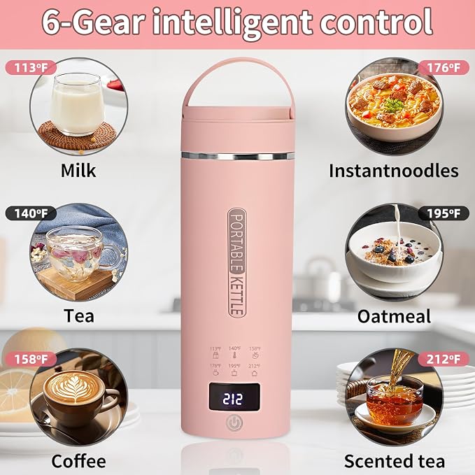 Pink Travel Electric Kettle with LCD Display, 6 Temperature Settings, 450ml / 15.2oz, 304 Stainless Steel, Auto Shut-Off and Dry Boil Protection, Compact and Portable Electric Kettle