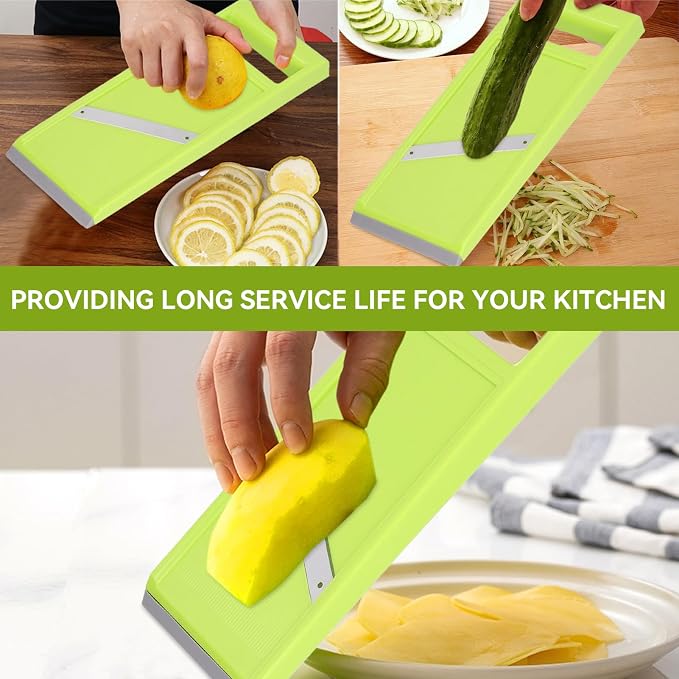 Handheld Potato Slicer & French Fry Cutter, Stainless Steel Manual Vegetable Slicer for Chips Homemade Fries Carrots Zucchini Easy Grip Green Slicer Chip Maker (4.25x10.8in)