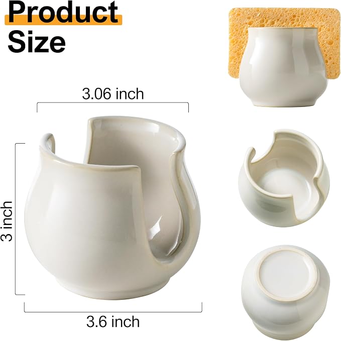 Zoeeker Sponge Holder for Kitchen Sink, Ceramic Dish Sponge Caddy | Scouring Pad Holder Kitchen Storage Accessories Brush Holder for Bathroom, Countertop, Sink, Farmhouse Kitchen Decor, White