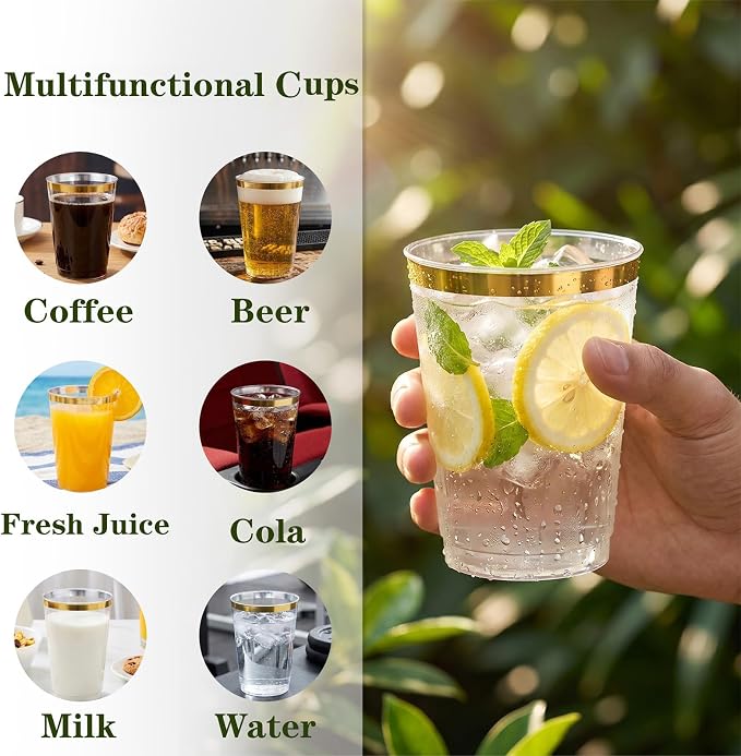 I00000 200 Pack Gold Plastic Cups, 10 oz Clear Plastic Cups Gold Rimmed Disposable Wine Glasses Fancy Disposable Party Cups Wedding Cup Drinking Tumblers Cocktail Glasses with Gold Rim