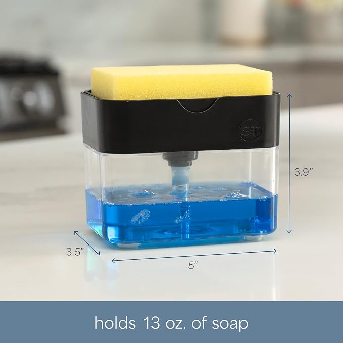 S&T INC. Dish Soap Dispenser and Sponge Holder, Matte Black | Holds 13 Fluid Ounces, Sponge Included, Anti-Slid Feet, Push to Dispense Perfect Amount of Dish Soap