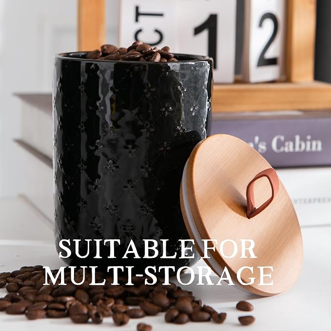 Ceramic Canisters Set with Airtight Lids, 82/48/30 oz Coffee Canisters Sets for the Kitchen, Black Large Jars for Flour, Sugar, Pasta, Coffee, Cookies, Tea - Set of 3, Embossed Pattern