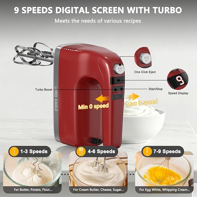 Lord Eagle 9-Speed Digital Hand Mixer Electric Handheld, 500W DC Motor | Kitchen Mixer for Cake Baking, Lightweight Egg Beaters with Stain-resistant & Waterproof Storage Bag & 6 Accessories, Red