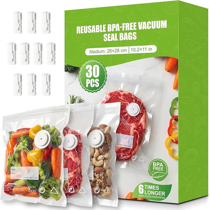 RIWUSI 30PCS Reusable Vacuum Sealer Bags for Food with Air Valve & 10 Seal Clips – Medium (10.2 x 11 in), BPA Free Food Storage Bags, Lock in Food Freshness for Freezer, Microwave, Sous Vide Cooking