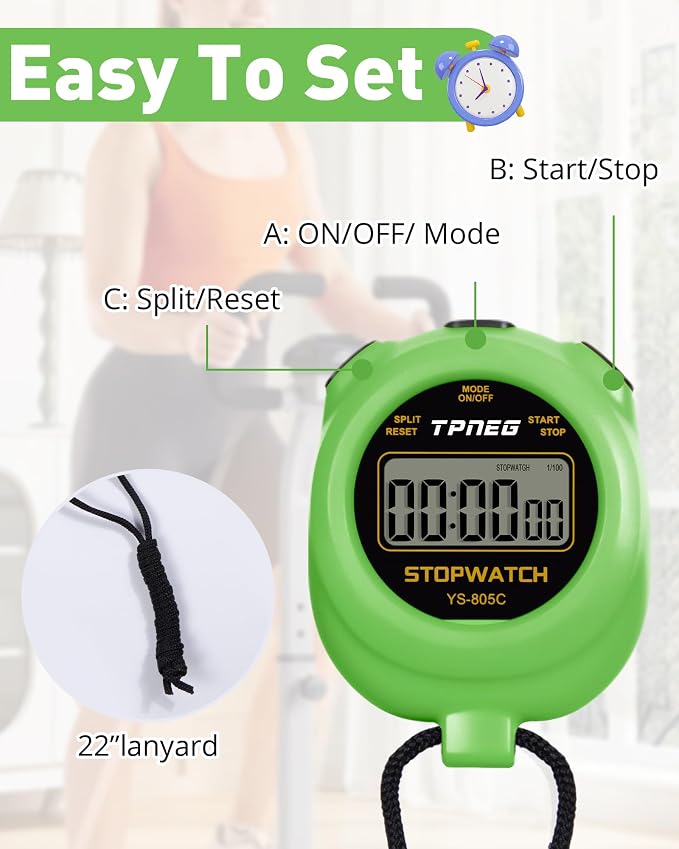 TPNEG Simple Stopwatch Timer - Easy to Use, Set Up, Read, and Carry - Large Display - On/Off, AAA Battery - Ideal for Coaches, Track and Field, Soccer Referees, Sports, Classroom