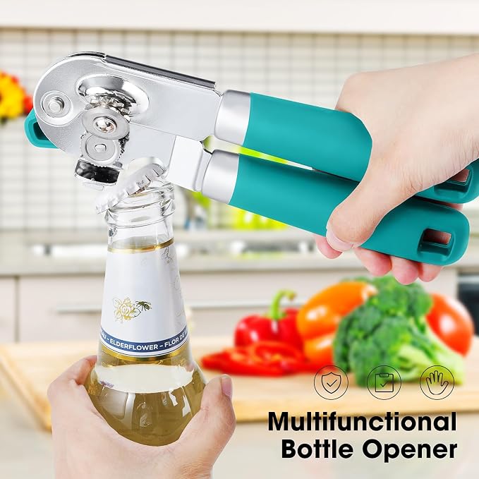 Beneno Heavy Duty Hand Can Opener Manual with Magnet Lid Remover, Turquoise | Razor-Sharp Carbon Steel Blade, Precise Smooth Cutting Gear, Big Effort-Saving Knob, Soft Grip Handle, Built-in Bottle Opener