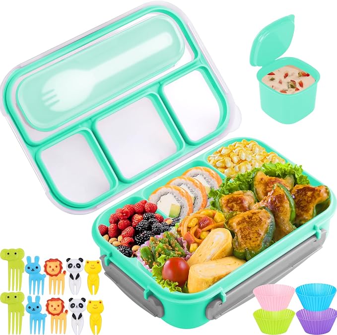 Bento Box for Kids 1300ML with 4 Compartment & Food Picks Cake Cups, Green | Lunch Box Containers for Adults/Kids/Toddler, Leak-Proof, Microwave/Dishwasher/Refrigerator Safe, BPA Free