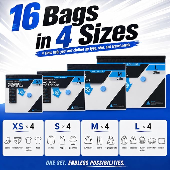 Travel Vacuum Bags with 60KPA Pump, 16 Pack Vacuum Seal Bags for Clothing | Compression packing bags for carry-on luggage and suitcases, leak-proof space savers for bedding and seasonal home storage