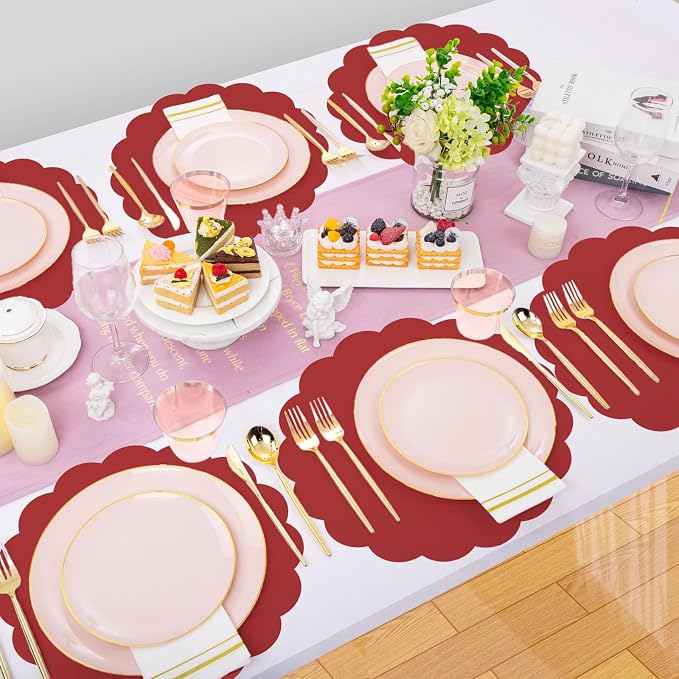 60 Pcs Red Paper Placemats, 13.5 Inch Disposable Scalloped Place Mat | Round Table Place Mats Decorative Paper for Christmas New Year Anniversay Birthday Wedding Banquet Holiday Party