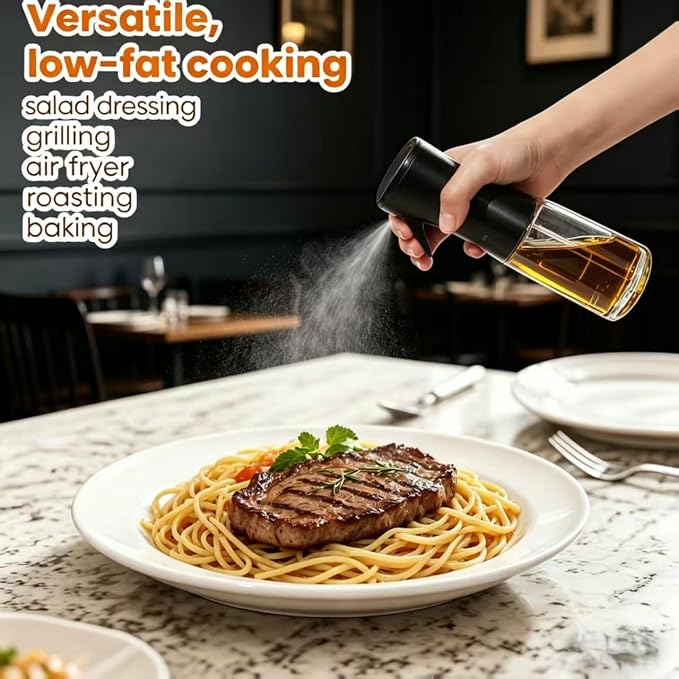 Olive Oil Sprayer for Cooking, 220ml Glass Oil Dispenser | Kitchen Gadgets, Food Grade Premium Clear Spray Bottle, for Salad, Frying, BBQ