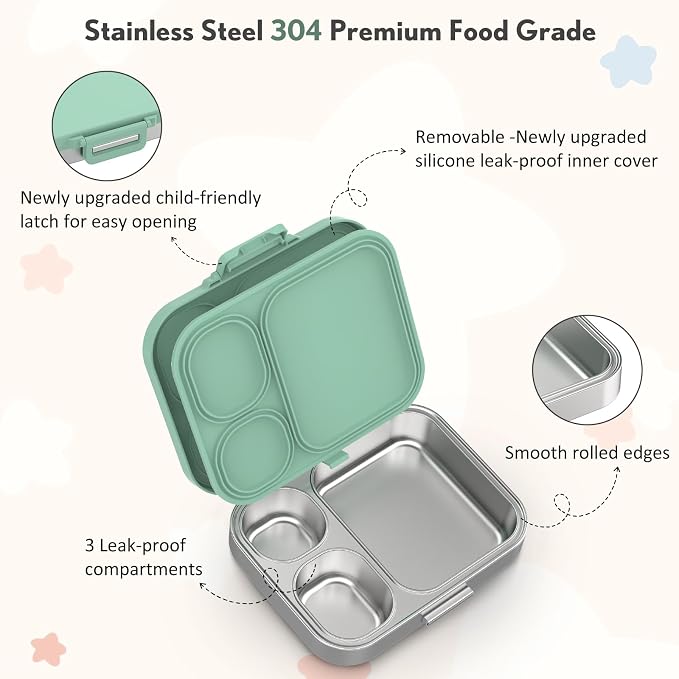 Howeemo Stainless Steel Bento Box Kids, Leak Proof Metal Bento Lunch Box,3 Compartments 304 Stainless Steel Bento Lunch Containers for School and Office, BPA-Free(Green)