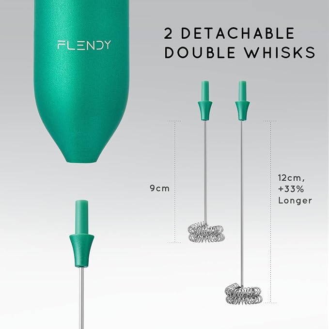 Flendy Rechargeable Milk Frother Handheld with Charging Stand | USB-C Charging Dock, 2 Detachable Double Whisk, Extra Long Mixer Wand, Wall Mount, Top Button, Compact Electric Stirrer