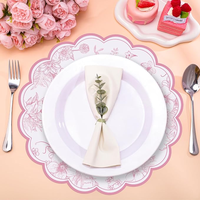 60 Pcs Pink Floral Paper Placemat, 13.5 Inch Disposable Scalloped Table Mat | Wedding Placemats, Vintage Floral Banquet Place Mats for Table Setting Wedding Bridal Tea Party Wildflower Party Decor