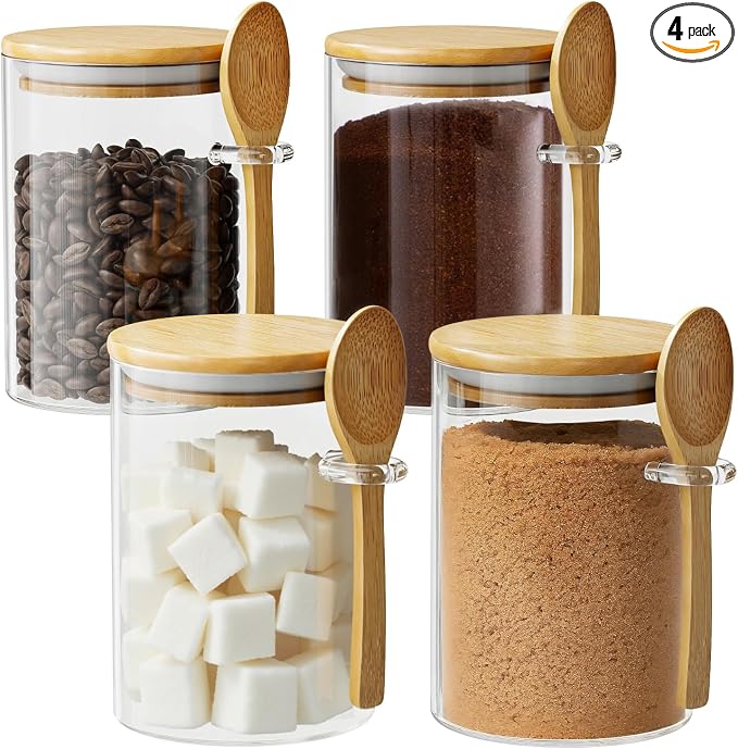15 oz Glass Sugar Container, 4 Pack Coffee Container, Glass Jars with Lids | Seal, BPA-Free, Bamboo Soop, Coffee Bar Accessories, for Coffee Beans, Creamer, Salt, Overnight Oats, Brown sugar, Candy, Tea