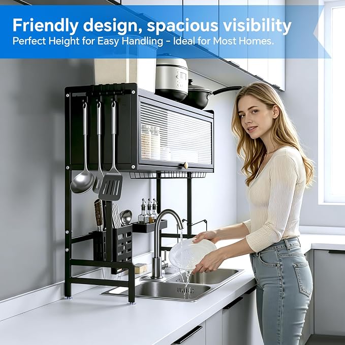 Over the Sink Dish Drying Rack 3 Tier with Cover – Rust Resistant Over Sink Dish Rack, Space Saving Tall Drying Rack for Kitchen, Dish Rack Over Sink Holds Dishes Glasses Bowls & Cutlery