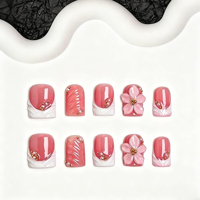 10pcs Flower Press on Nails Handmade Fake Nails with 3D Flower & Gold Bead Charms Short Square Nude Pink French Tip Acrylic Nails Glossy Elegant Style Stick on Nail Manicuare Art for Women (S)