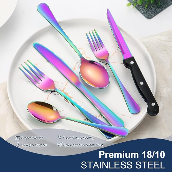 24-Piece Rainbow Silverware Set with Steak Knives Black Stainless Steel Flatware Set for 4 Food Grade Tableware Cutlery Set Rust-proof, Mirror Polished, Dishwasher Safe