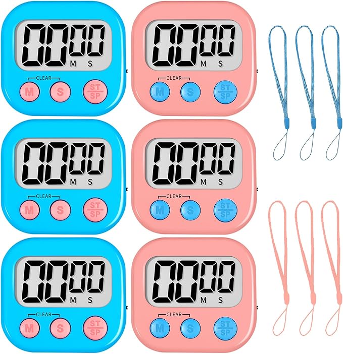 ZILLEEN Classroom Timer for Kids Teachers 6 Pack Digital Timers Blue Pink | Strong Magnetic, Large Screen, Big Button, Teacher Classroom Must Haves Kitchen Timers for Cooking Egg Exercise Study