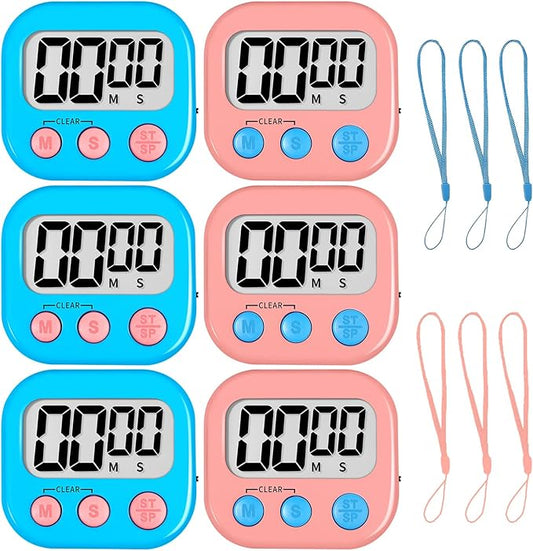 ZILLEEN Classroom Timer for Kids Teachers 6 Pack Digital Timers Blue Pink | Strong Magnetic, Large Screen, Big Button, Teacher Classroom Must Haves Kitchen Timers for Cooking Egg Exercise Study