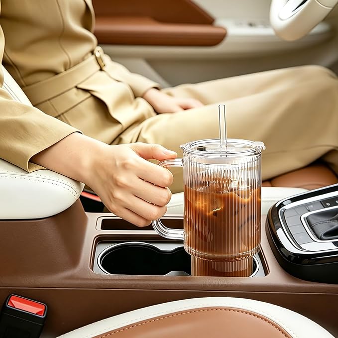Iced Coffee Cups with Lids: Coffee Bar Accessories - Ribbed Glass Tumbler with Straw and Lid 4 Pack - 24oz Tumbler Leak Proof - Glass Cups Tumbler with Lid and Straws - Coffee Tumbler with Handle700ml