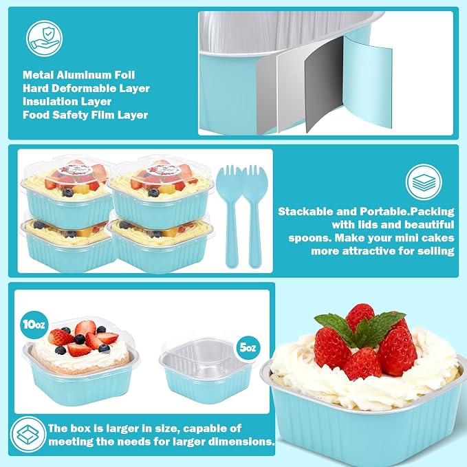 100 Pack 10oz Mini Cake Pans With Lids, Aluminum Foil Square Brownie Baking Cups,Disposable 4”x4” Large Cupcake Pan,Jumbo Muffin Tin Ramekins Holders (Light Blue)