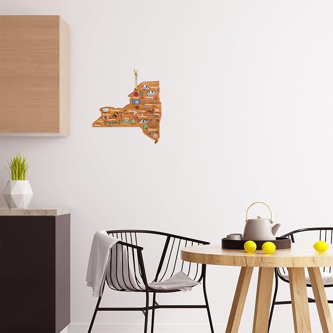 Totally Bamboo New York State Shaped Cutting Board, Art by Fish Kiss | State charcuterie board with colorful hand-drawn map artwork. Smooth reverse side for food prep. Hang tie for wall display.