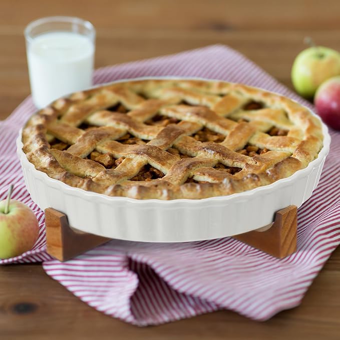 LemonRoad 9 Inch Ceramic Pie Pan with Wood Stand, Deep Fluted Dish | Quiche Dish for Tart Pot Pie, Wooden Stand for Serving, Oven Safe for Creme Brulee Cheesecake, Fluted Ceramic Baking Pan