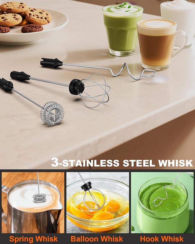 3-Speed Electric Milk Frother Handheld Foam Maker, Black | 3 Whisks & Dual Coil Whisk, TYP-C Rechargeable, Travel Case - Frother for Coffee, Matcha, Hot Chocolate