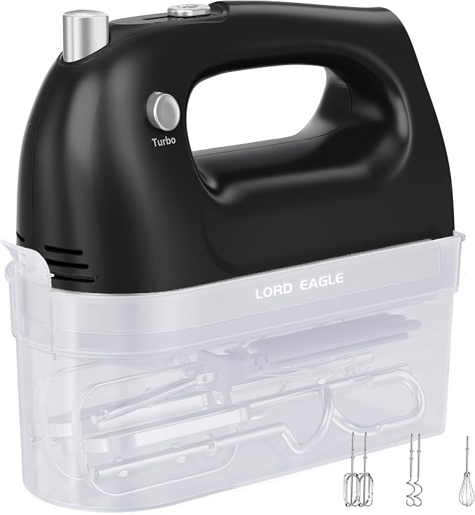Lord Eagle Hand Mixer Electric Handheld 400W,5-Speed, Lightweight, Black | Kitchen Mixer with Storage Case, 5 Stainless Steel Attachments for Baking Cake Egg Cream Food Beater, Turbo+Eject Button