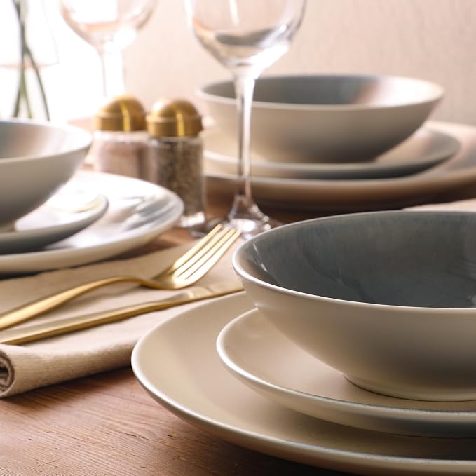 Gibson Elite Crescenton Plates and Bowls Sets, 12-Piece Blue Stoneware Dinnerware Sets, Round Reactive Glaze Dish Set
