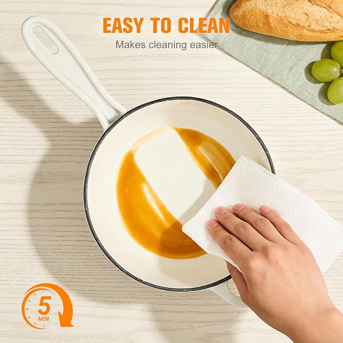 Enameled Cast Iron Sauce Pan with Lid, 2 Quart Saucepan with Lid | Dutch Oven with Lid, Small Cast Iron Pot for Cooking Pasta, Soup, Milk, Induction & Oven Safe Up to 500°F, White