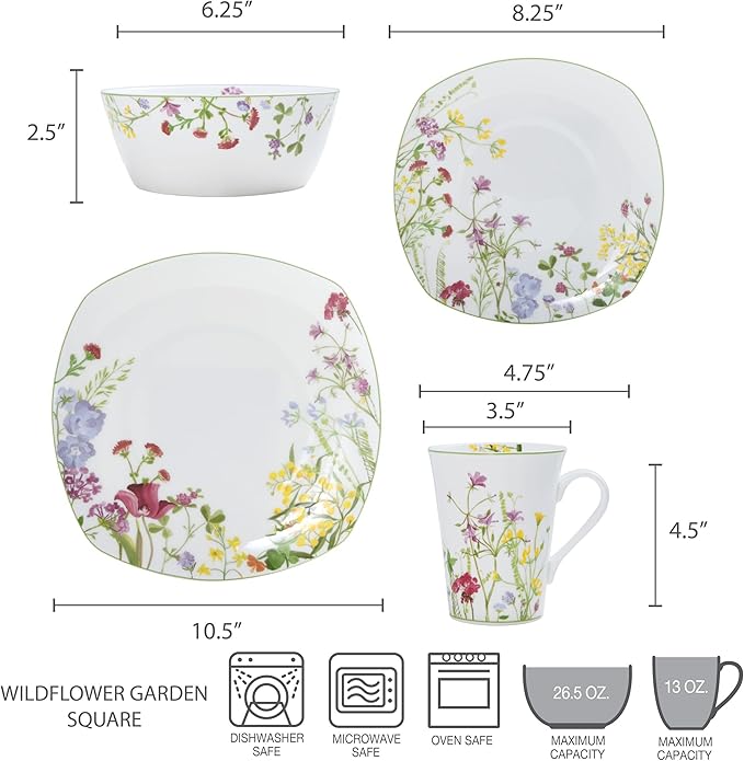 Mikasa Wildflower Garden Dinnerware Set, 16-Piece Bone China Dishes Service for 4, Square Plates and Bowls Set with Mugs, Floral Design, Dishwasher and Microwave Safe