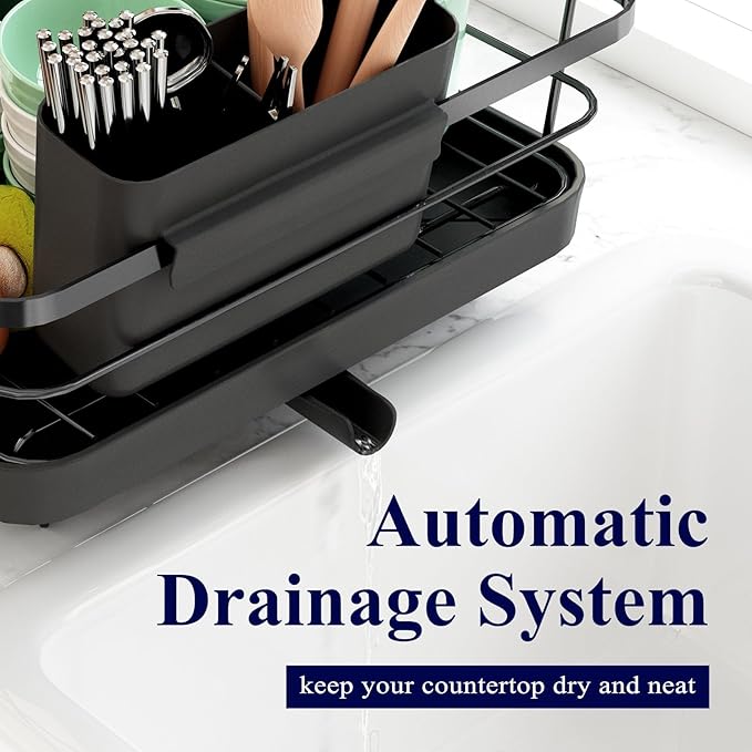 Kitsure Dish Drying Rack for Kitchen Counter, 12.2''W x 15.7''~23''L, Black | Stainless Steel Sink Organization, Cutlery Holder, Home and Appartment Decor