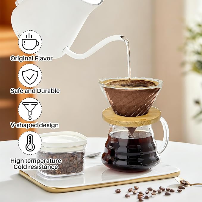 Gute Glass Pour Over Coffee Dripper with Bamboo Stand & Handle,1-4 Cups | Spiral Inner Design,Heatproof Glass,Detachable Bamboo Base,With Handle,Rinse Clean in 1Min,Fits Most Mugs & Thermoses