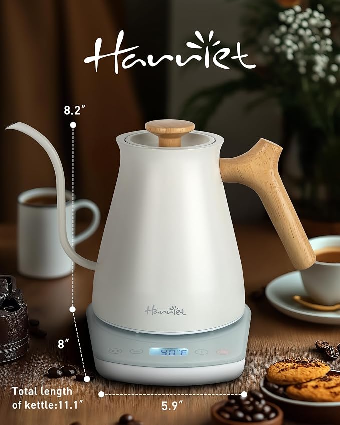 Harriet Gooseneck Electric Kettle, 0.8L, 1°F Control, Brew Timer | 120-Min Keep Warm, 104–203°F Control, Built-In Brew Timer, SUS304 Stainless Steel, Wood-Accent Handle for Pour-Over Coffee
