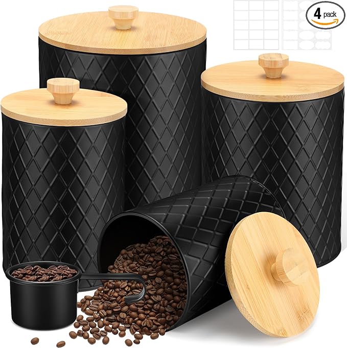 Reallnaive 4 Pcs Black Metal Coffee Canister Set with Bamboo Lid,4 Sizes | Airtight Container for Tea Sugar Flour, Diamond Textured Farmhouse Kitchen decoration, Countertop Organizer with Labels Spoon