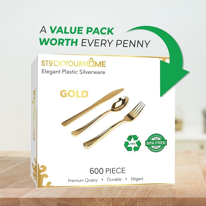 Gold Plastic Silverware Set (600-Pack) – Disposable Heavy Duty Cutlery, 200 Forks, 200 Knives, 200 Spoons for Parties, Weddings, Dinners & Holidays, Stock Your Home