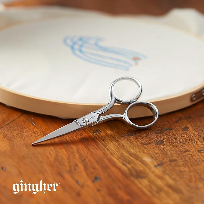 Gingher 4" Straight Embroidery Scissors to Cut Fabric & Needlework | Precise Cutting Craft Scissors, Hand-Finished Forged Steel Blades & Loop Handles for Right & Left-Handed Use, Leather Sheath