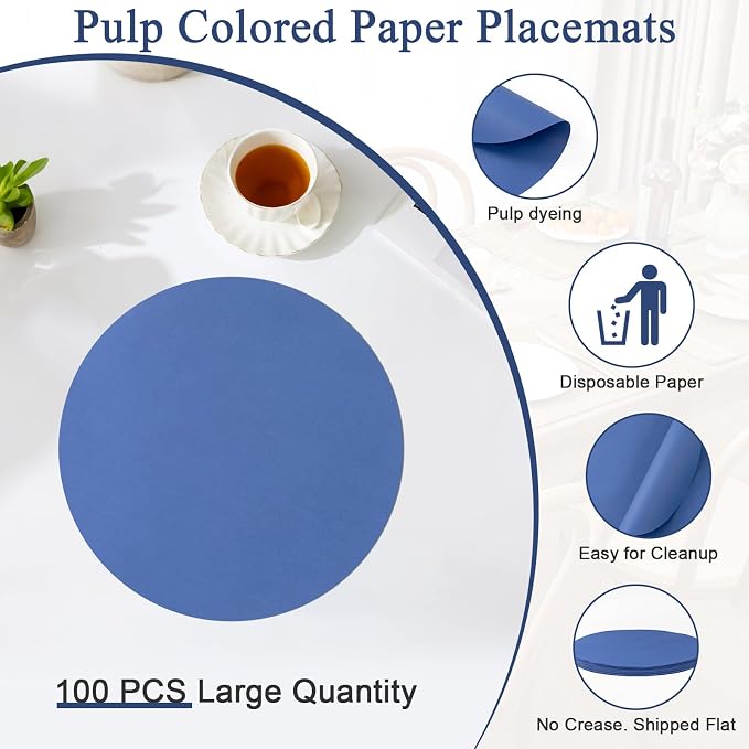 SHACOS 100 pcs Round Paper Placemats Disposable 13 inch Colored Paper Decorative Place Mats for Wedding Birthday Party Bridal Baby Shower Table Decoration, Blue (Pack of 2)