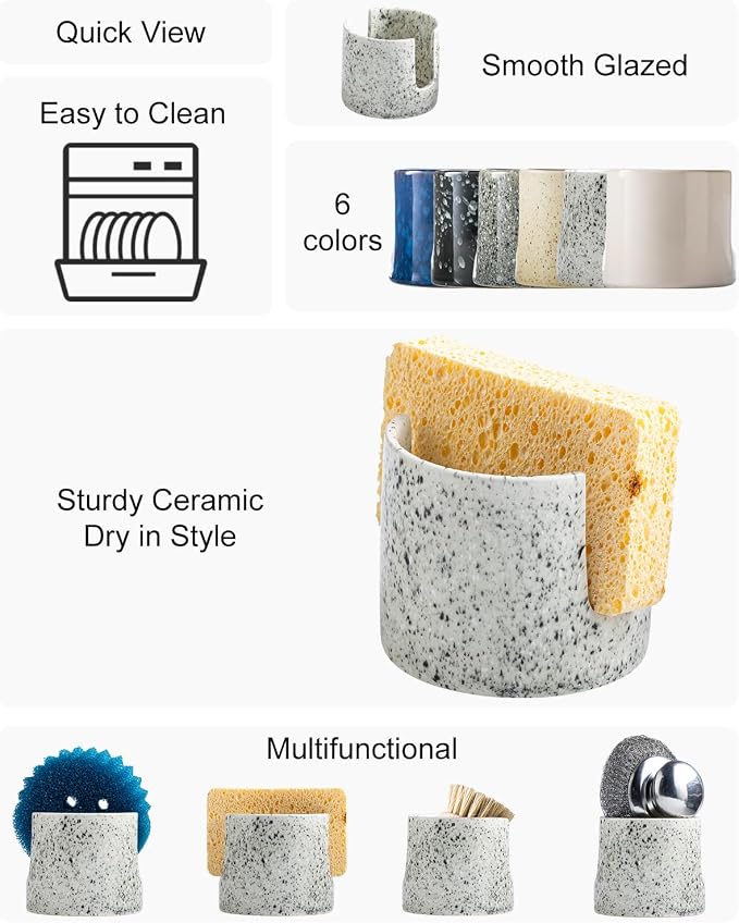 Zoeeker Sponge Holder for Kitchen Sink, Ceramic Dish Sponge Drying Rack | Dish Brush Holder Kitchen Storage Accessories Scrubby Caddy Scouring Pad Holder for Bathroom, Countertop, Speckled Glaze