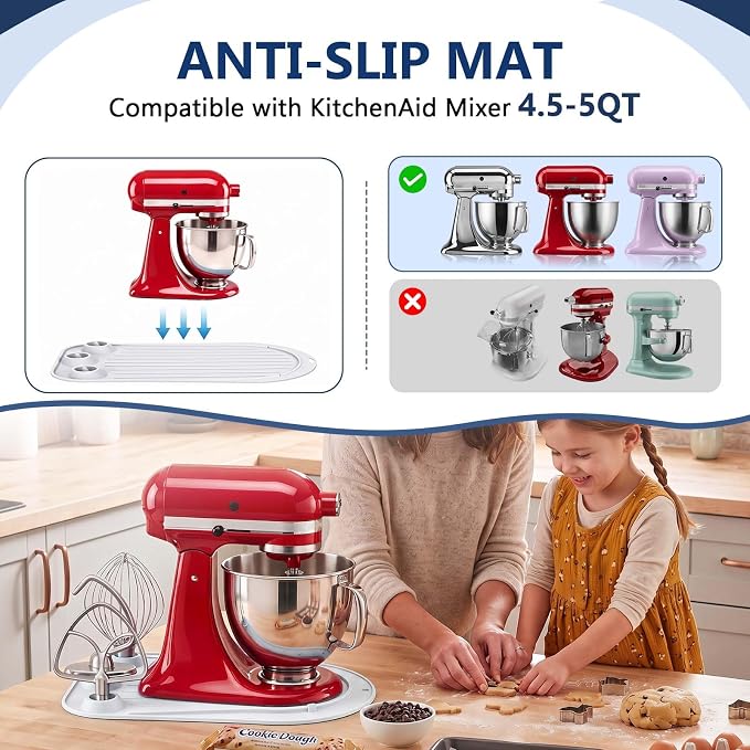 Upgraded Mixer Slider Mat for KitchenAid 4.5-5 Qt Tilt-Head Stand Mixer | Silicone Countertop Mover with 3 Attachment Storage Slots, Non-Slip Mixer Pad Organizer for Dough Hook Whisk Flat Beater