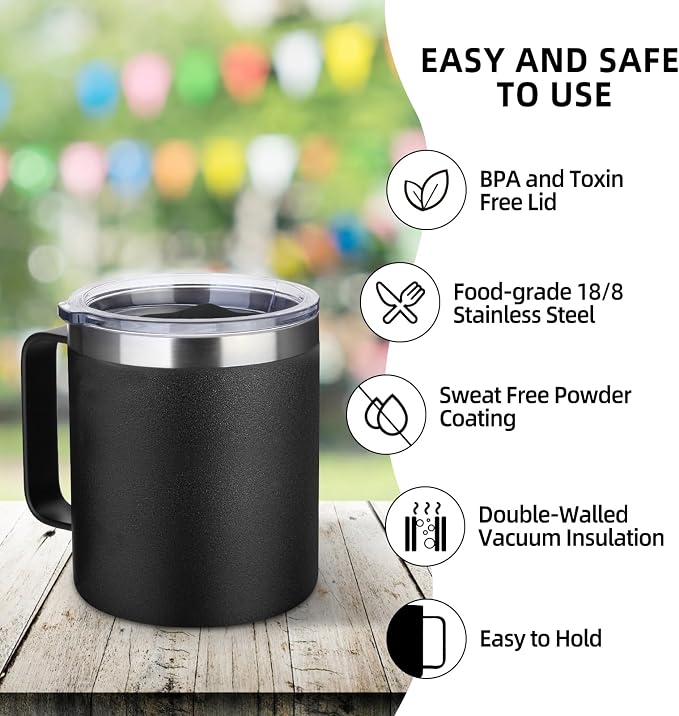 Volhoply 14oz Insulated Stainless Steel Coffee Mug with Lid Bulk 2 Pack,Double Wall Vacuum Travel Coffee Cup with Handle,Reusable Cups Tumbler,Camping Mugs Keep Hot,Ideal Gifts(Black,2 Set)
